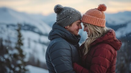 Romantic couple embracing outdoors in winter, close-up of man and woman with snow-covered mountains in background, wearing cozy winter jackets and knit hats at sunset