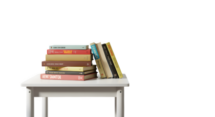 Books stacked on side table isolated on white background.