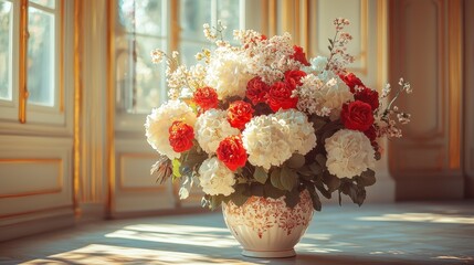 Elegant floral arrangement of red and white hydrangeas and roses in a decorative vase on a wooden table inside a sunlit room with large windows and intricate wall paneling
