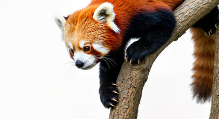 A Fluffy Red Panda Perched Gracefully on a Tree Branch Against a Pure White Isolated Background