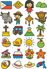 Philippines Cartoon Icon Collection – Jeepney, Tarsier, Carabao, Filipino Culture Doodle Set