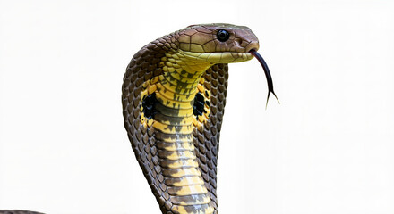 Fototapeta premium Close Up Portrait of a King Cobra Snake with its Tongue Flicking Against a Clean White Isolated Background