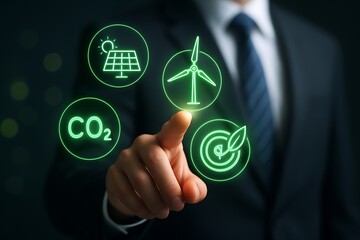 Businessman touching eco friendly icons representing renewable energy and carbon footprint reduction