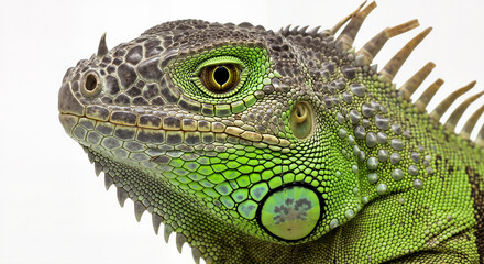 Fototapeta premium Close-up portrait of a vibrant green iguana with scales and spikes against a pure white isolated background showing its detailed reptilian features