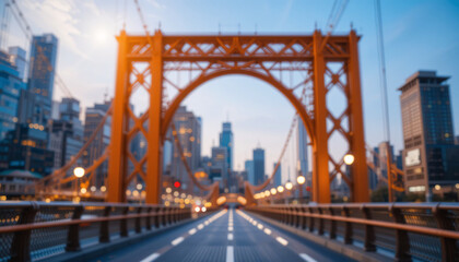 Fototapeta premium Modern suspension bridge with city skyline in background, urban architecture landmark illuminated at dusk, transportation infrastructure travel destination