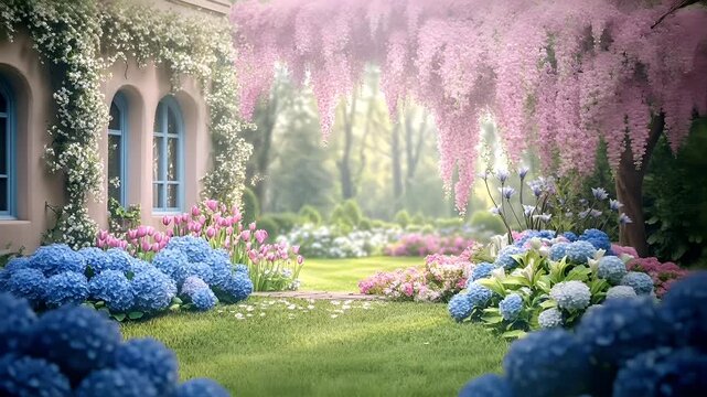 A vivid and detailed digital artwork of a garden scene with blooming flowers and a building facade. The main subject is a lush garden with a variety of flowers, including tulips and hydrangeas.