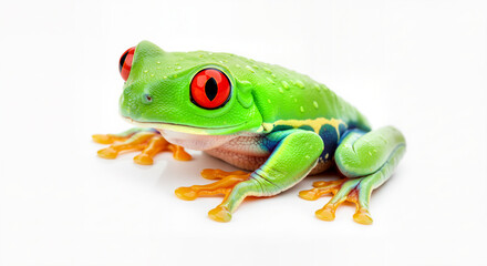Obraz premium A vibrant green frog with striking red eyes sits peacefully on a clean white background isolated for a studio portrait