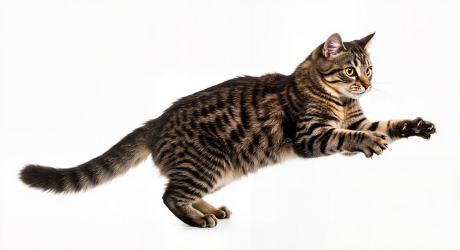 A young brown tabby cat leaps gracefully in mid-air against a stark white background showing its agility and playful nature