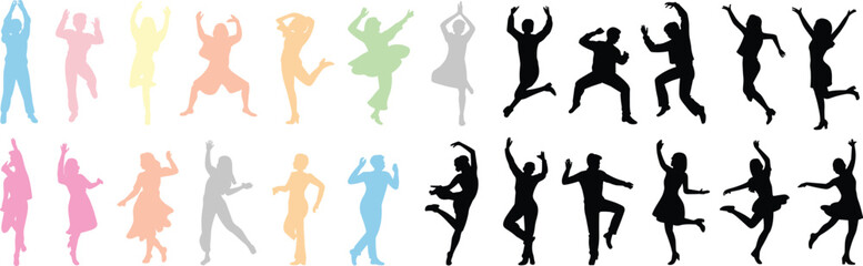 Colorful and black dancing silhouettes of men and women in various poses, energetic motion, modern vector design, isolated background