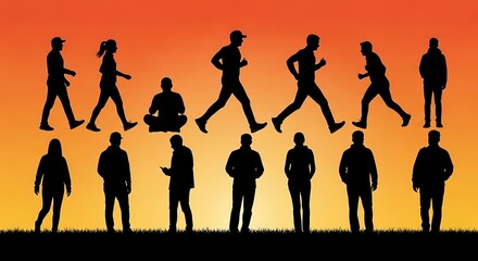 Silhouettes of People Walking, Running, and Relaxing at Sunset.