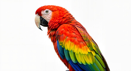 Fototapeta premium Vibrant Scarlet Macaw Parrot Isolated on a Clean White Background Showing Its Colorful Plumage and Distinctive Features