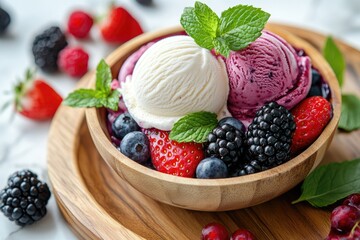 Two scoops of ice cream, white and berry, nestled in a bowl of fresh berries