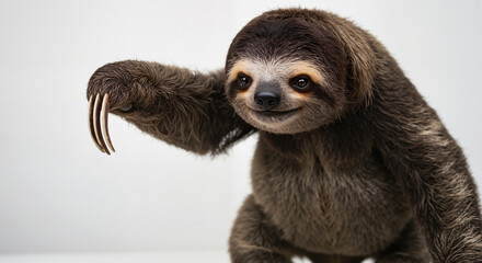 Fototapeta premium A Cute Baby Three Toed Sloth Raises Its Clawed Paw In A Playful Greeting On An Isolated White Background