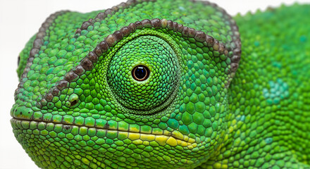 Fototapeta premium A Detailed Close Up Shot of a Vibrant Green Chameleon Showing Its Unique Scaly Texture and Large Eye on a Clean White Background in Natural Light