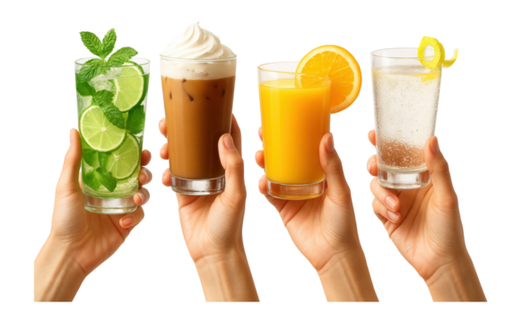 Four hands holding glasses of mojito, iced coffee, orange juice, and a sparkling beverage.