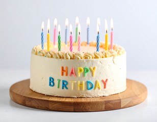 Birthday cake with candles lit.