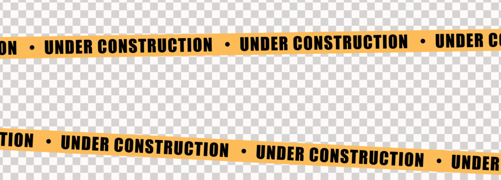 Under construction yellow warning tape safety stripe. Caution barrier stripe for safety zone, blocked area, website page, road work, site maintenance, redesign progress. Vector illustration.