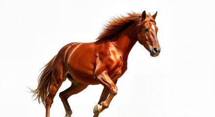 Obraz premium A Majestic Chestnut Horse Galloping Freely Across a Clean White Studio Background Capturing its Powerful Stride and Elegant Mane