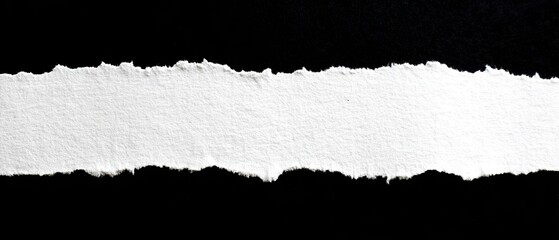 Torn strip of white paper with rough edge on black background highlighting texture and detail