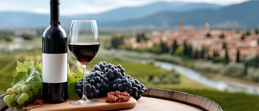 A glass of red wine sits next to fresh grapes on a wooden barrel, with historical buildings and greenery in the background