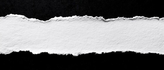 Torn strip of white paper with rough edge on black background highlighting texture and detail