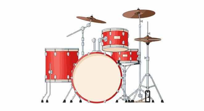 A complete red acoustic drum kit with bronze cymbals and chrome hardware stands.