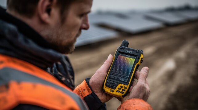 Medium shot of a solar farm engineer analyzing thermal images on a handheld device focusing sharply on the screen while the field and panels fade into the background. - Powered by Adobe