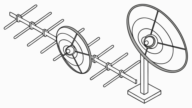 Vector illustration of a yagi uda antenna and a parabolic dish antenna on a white background