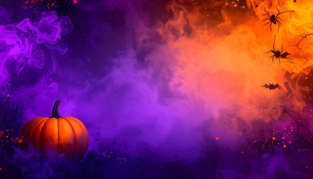 Mystical Halloween celebration concept with a glowing jack-o'-lantern and spooky spiders in vibrant purple and orange mist. - Powered by Adobe