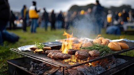 Aromatic meat skewers sizzle on a grill as people enjoy a festive outdoor gathering with laughter and chatter surrounding them