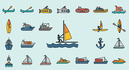 Collection of Various Watercraft and Nautical Icons.