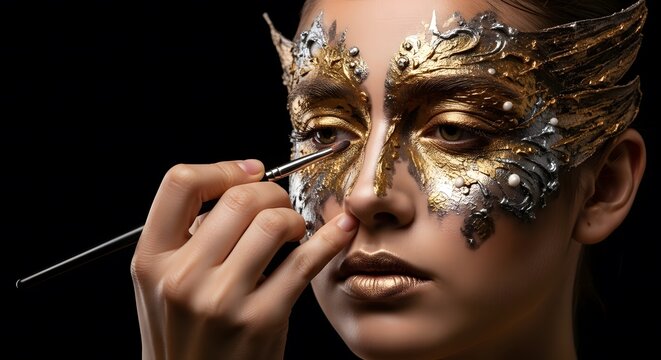 Woman with Gold and Silver Face Paint, Isolated on Black Background