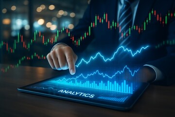 Businessman analyzing data on a tablet with glowing analytics and stock market graphs