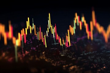 Dynamic financial chart with glowing candlestick bars showing market trends and data visualization