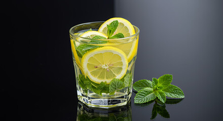 Fototapeta premium Detox drink with lemon and mint leaves in a glass on a dark background, copy space 