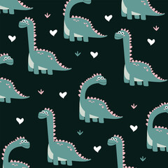 brontosaurus dinosaur green cute cartoon seamless pattern design for kids apparel fullprint fabric