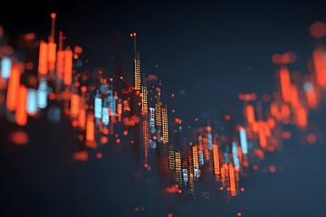 Dynamic digital stock market chart with bright orange and blue glowing data points creates visual interest