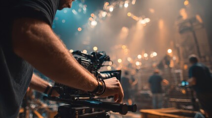 Medium shot showing a camera crane operator adjusting controls focus on hands and equipment with stage and crew softly behind.