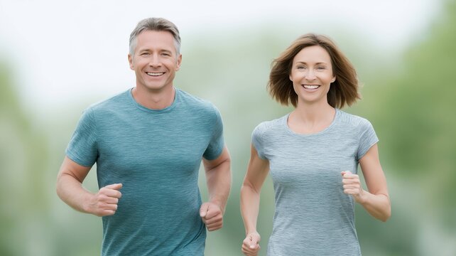 Active Couple in Motion: Capture the vibrant spirit of a middle-aged couple, their faces lit with smiles as they jog together in the fresh air, embodying health and happiness in an outdoor setting.