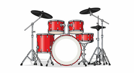 Realistic illustration of a shiny red five-piece acoustic drum set with black cymbals and chrome hardware.