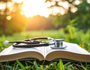 Open book with stethoscope in a park setting