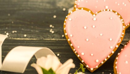 Heart-shaped cookies, frosted in delicate pink icing and adorned with white sprinkles, sit on a dark wooden surface, complemented by a flowing ribbon.