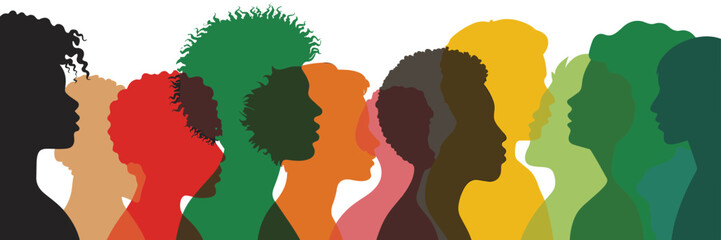 Diverse colorful people silhouette illustration, side profiles, unity concept, inclusive community, vibrant diversity, equality representation, abstract vector art