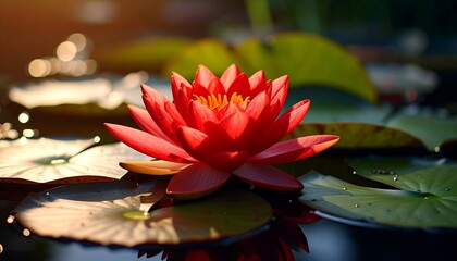 A vibrant red lotus flower rests gracefully on tranquil water, bathed in warm sunlight.