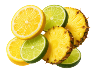 Lemon, lime, and pineapple slices with water drops.