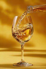 A clear beverage pours from a bottle into a stemmed glass, filled with swirling liquid, against a golden backdrop