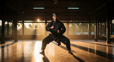 Asian martial artist in a traditional fighting stance inside a sunlit wooden pavilion, embodying warrior discipline and focus.