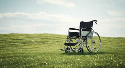 A solitary wheelchair rests on a grassy hill under a bright, cloudy sky, symbolizing independence and the journey of those with mobility challenges.