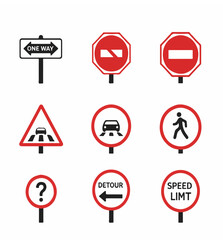 Collection of common road and traffic signs, including warning, prohibitory, and informational symbols, isolated on a white background.
