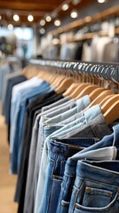 Fototapeta premium Clothing items hang neatly on wooden hangers in a contemporary retail space, highlighting the neat arrangement and quality materials